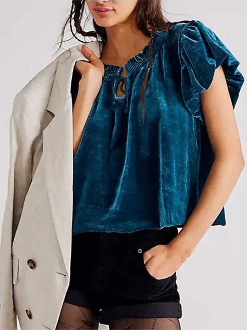 Free People Teresa Velvet Puff-Sleeve Top in Turquoise Size M